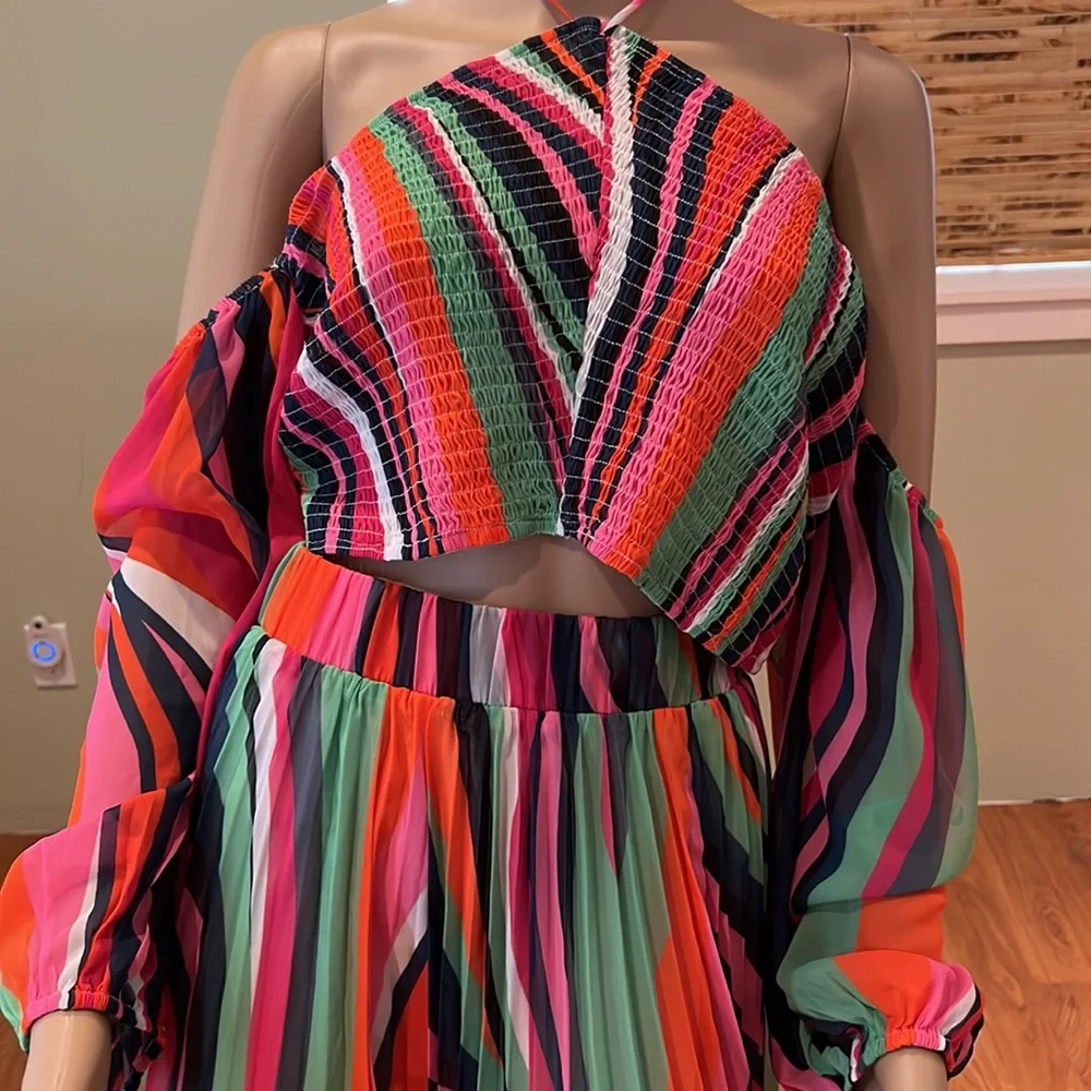 Akira Two Piece Set With Full Maxi Skirt & Matching Smocked Halter Blouse XL& 1X